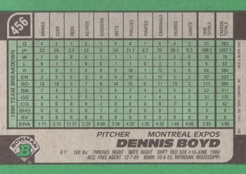 Dennis Boyd  baseball card collectible - Main Image 2