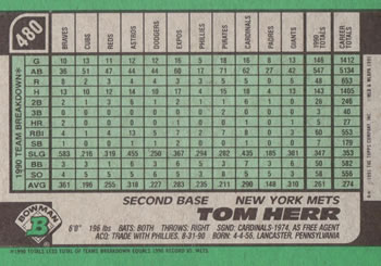 Tom Herr  baseball card collectible - Main Image 2