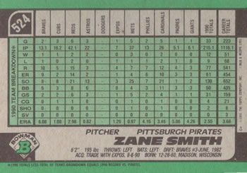 Zane Smith  baseball card collectible - Main Image 2