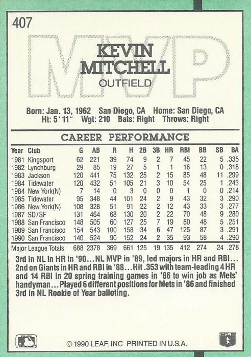 Kevin Mitchell  baseball card collectible - Main Image 2
