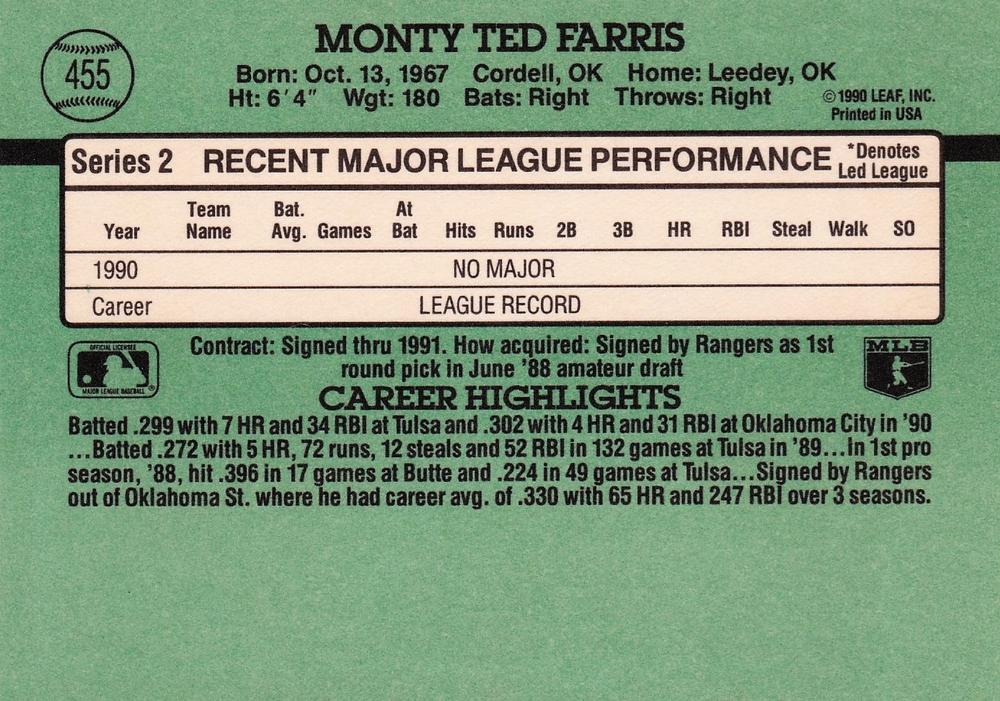 Monty Fariss  baseball card collectible - Main Image 2