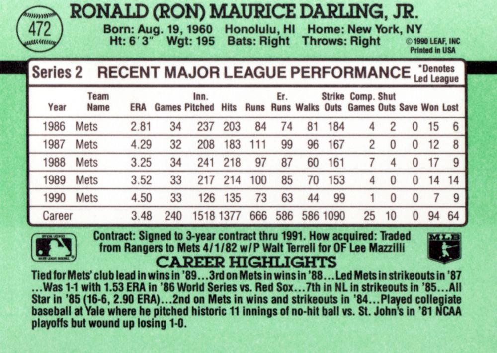Ron Darling  baseball card collectible - Main Image 2