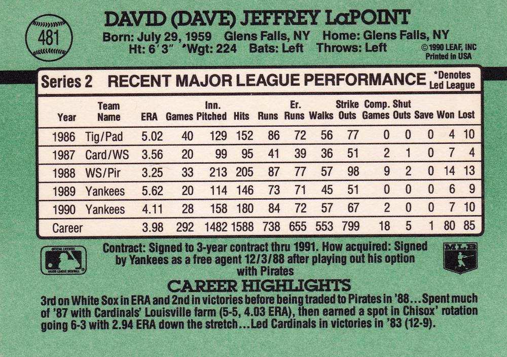 Dave LaPoint  baseball card collectible - Main Image 2