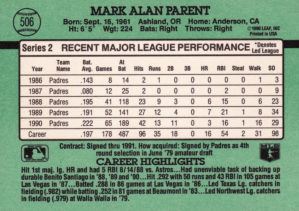 Mark Parent  baseball card collectible - Main Image 2