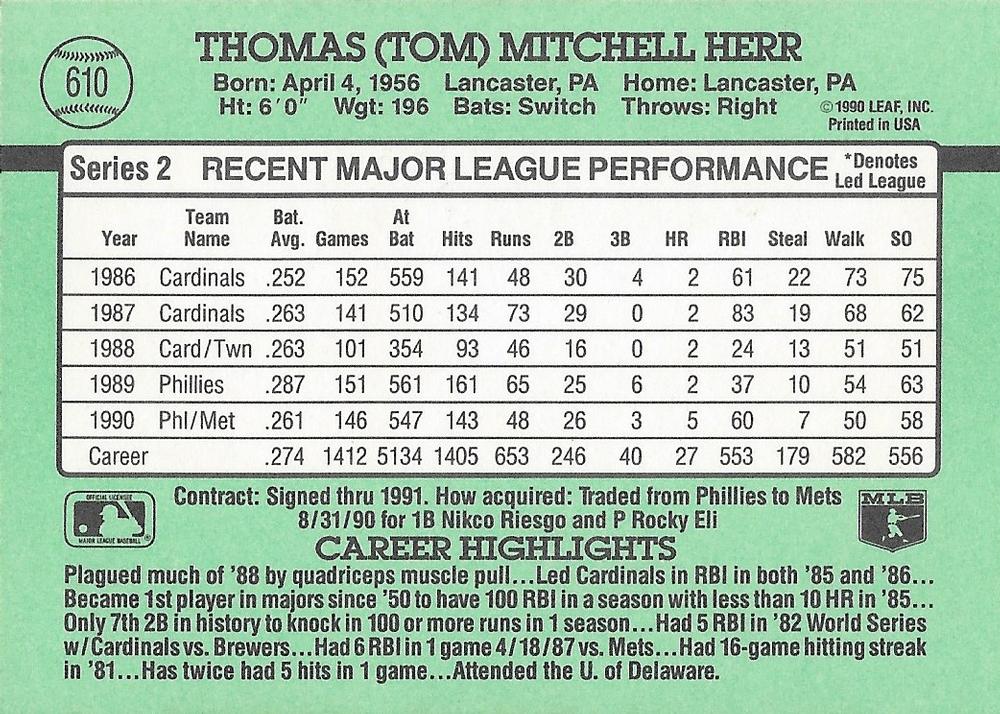 Tom Herr  baseball card collectible - Main Image 2