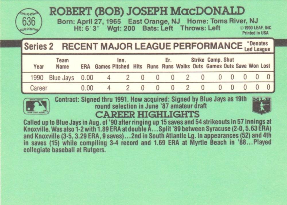 Bob MacDonald  baseball card collectible - Main Image 2