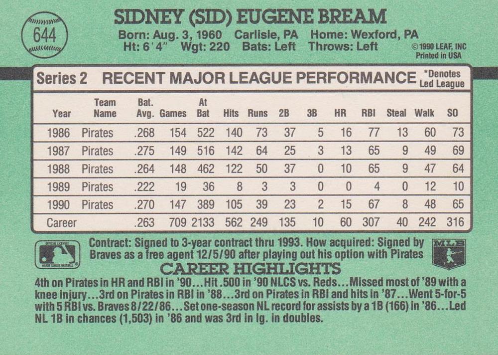 Sid Bream  baseball card collectible - Main Image 2