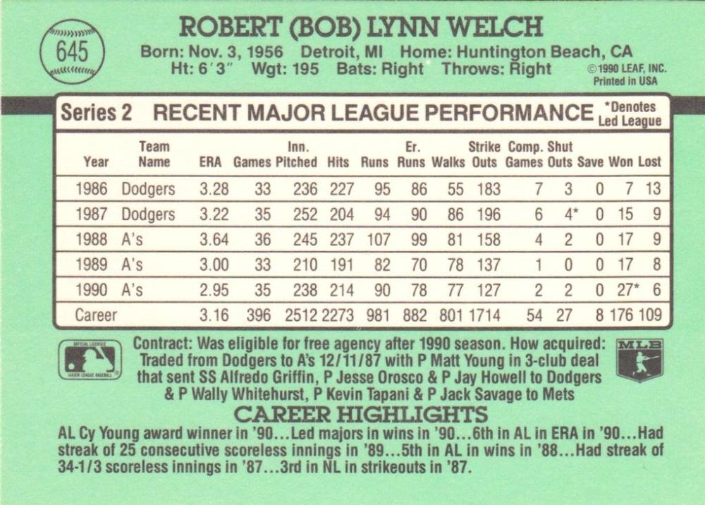 Bob Welch  baseball card collectible - Main Image 2