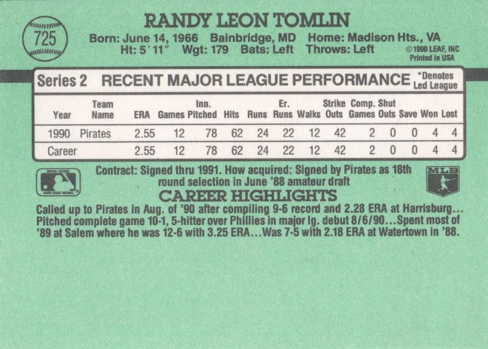 Randy Tomlin  baseball card collectible - Main Image 2