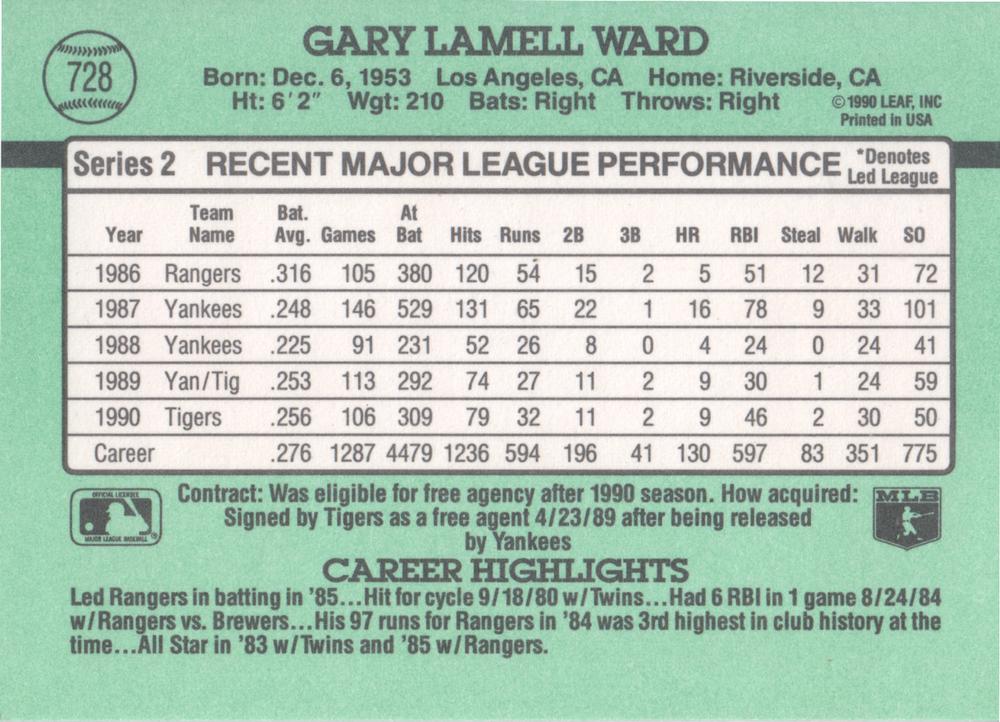 Gary Ward  baseball card collectible - Main Image 2