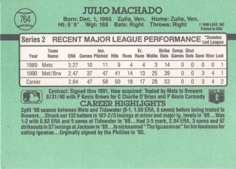 Julio Machado  baseball card collectible - Main Image 2