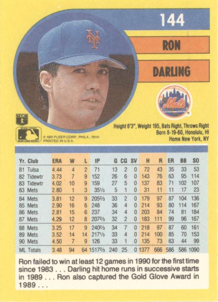 Ron Darling  baseball card collectible - Main Image 2
