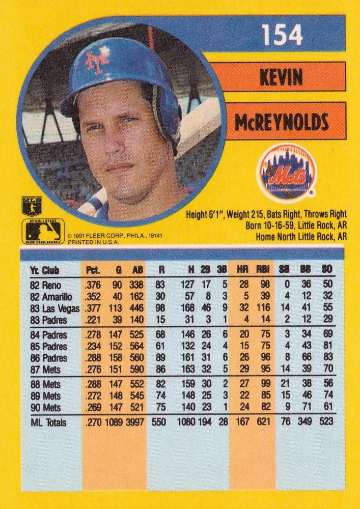 Kevin McReynolds  baseball card collectible - Main Image 2