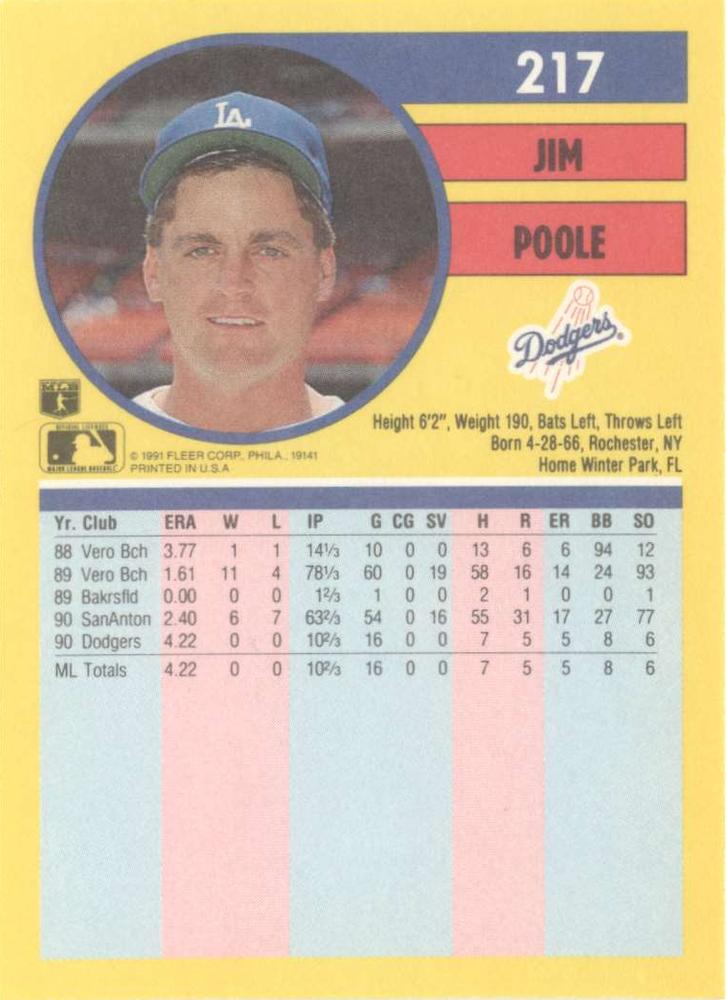 Jim Poole  baseball card collectible - Main Image 2