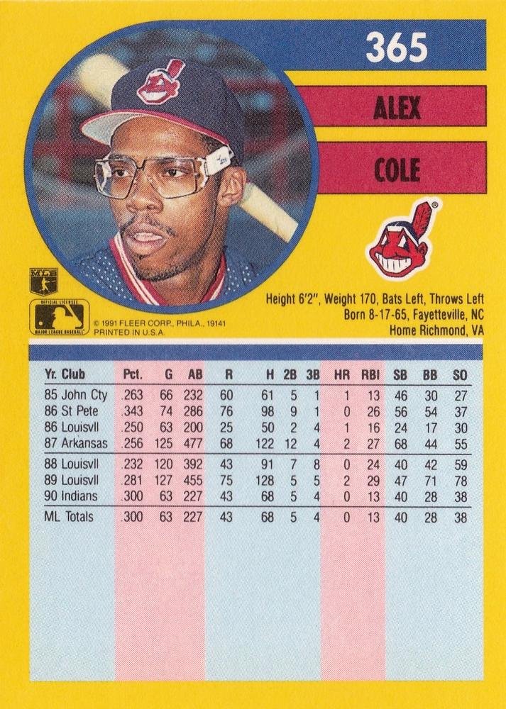 Alex Cole  baseball card collectible - Main Image 2