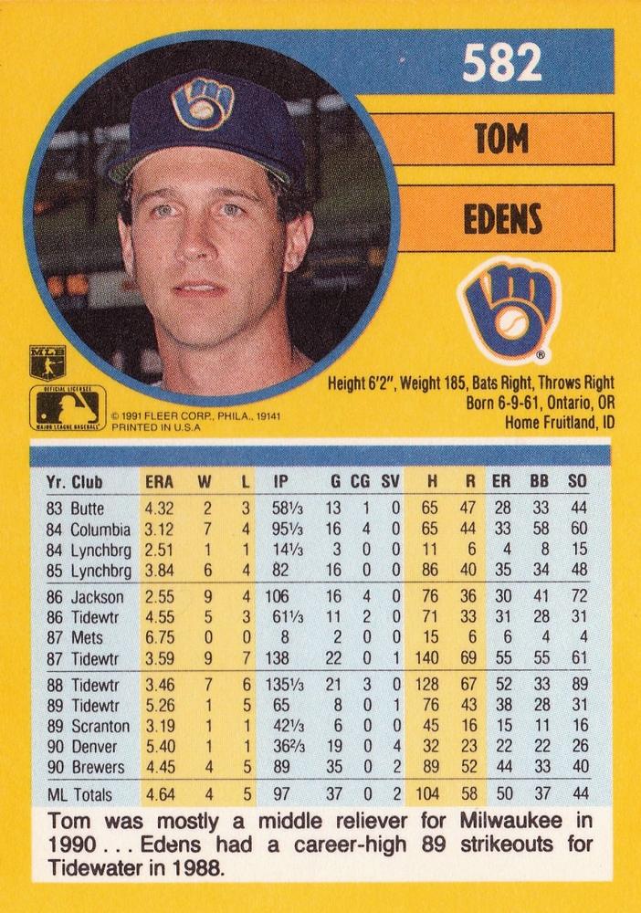 Tom Edens  baseball card collectible - Main Image 2