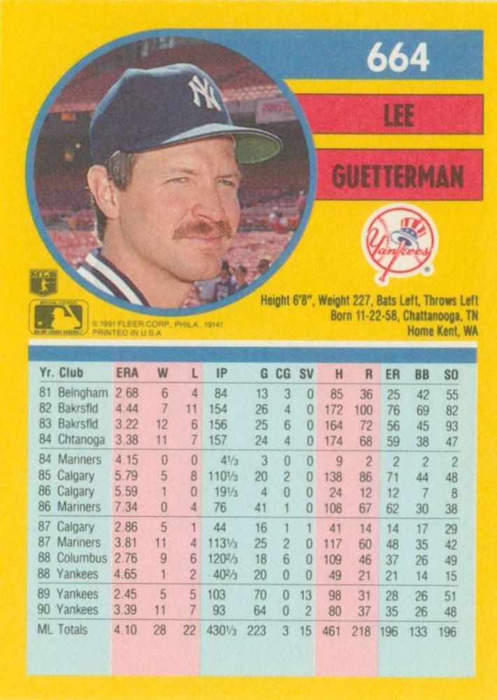 Lee Guetterman  baseball card collectible - Main Image 2