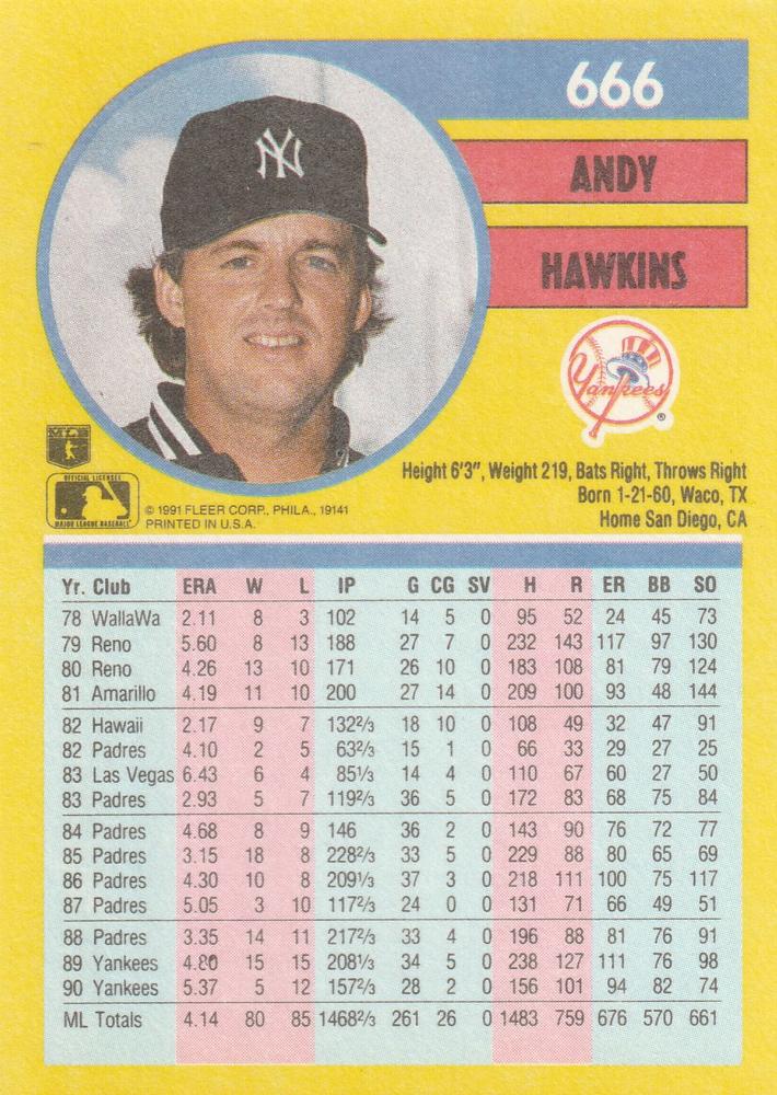Andy Hawkins  baseball card collectible - Main Image 2