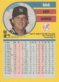 Andy Hawkins  baseball card collectible - Main Image 2