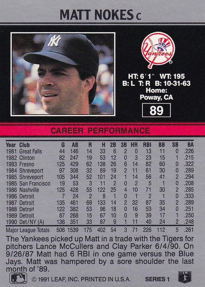 Matt Nokes  baseball card collectible - Main Image 2