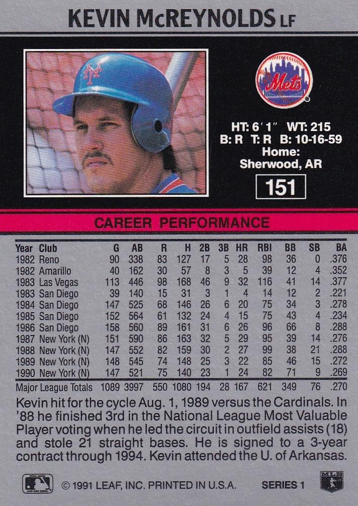 Kevin McReynolds  baseball card collectible - Main Image 2