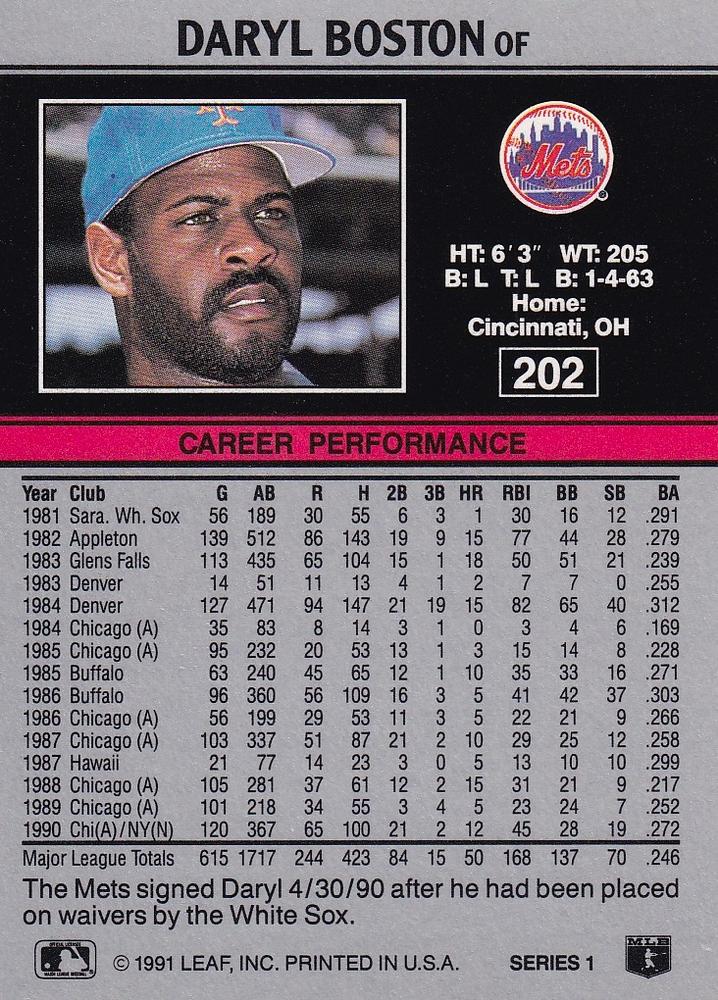 Daryl Boston  baseball card collectible - Main Image 2