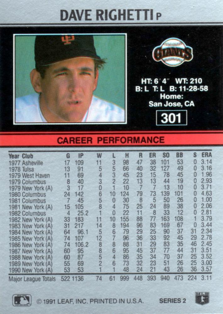 Dave Righetti  baseball card collectible - Main Image 2