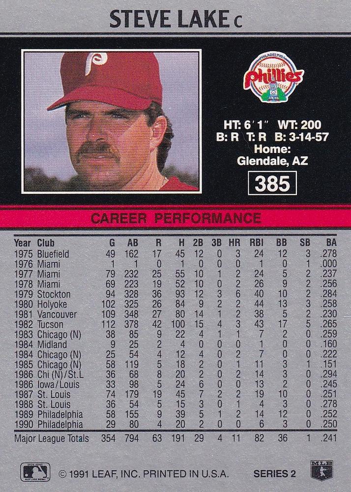 Steve Lake  baseball card collectible - Main Image 2