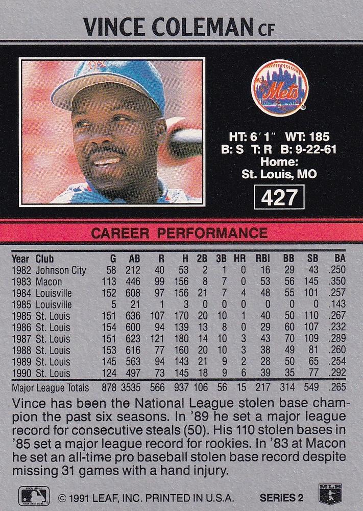 Vince Coleman  baseball card collectible - Main Image 2