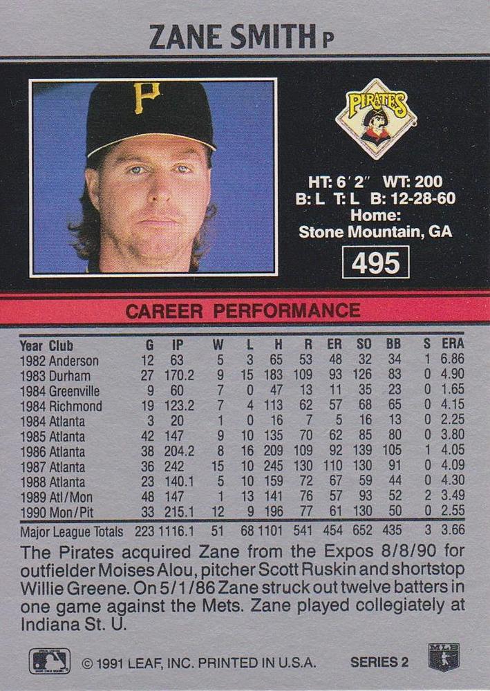 Zane Smith  baseball card collectible - Main Image 2