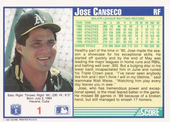 Jose Canseco  baseball card collectible - Main Image 2