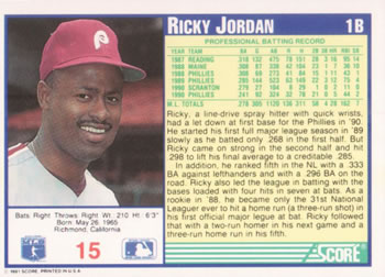 Ricky Jordan  baseball card collectible - Main Image 2