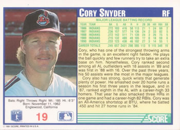 Cory Snyder  baseball card collectible - Main Image 2