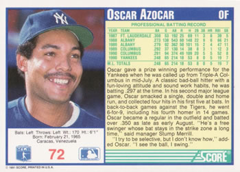 Oscar Azocar  baseball card collectible - Main Image 2