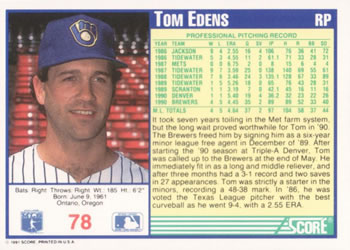 Tom Edens  baseball card collectible - Main Image 2
