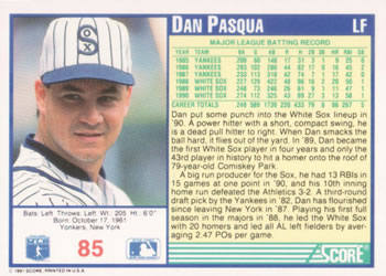 Dan Pasqua  baseball card collectible - Main Image 2
