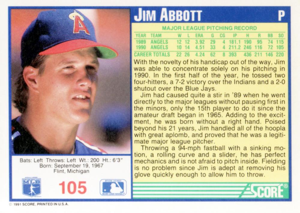 Jim Abbott  baseball card collectible - Main Image 2