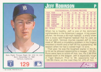 Jeff Robinson  baseball card collectible - Main Image 2