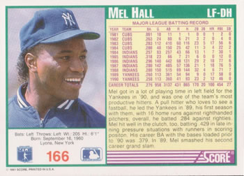 Mel Hall  baseball card collectible - Main Image 2
