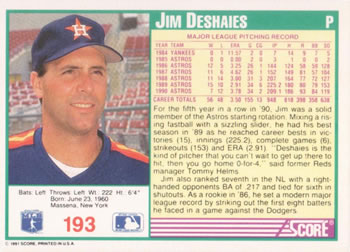 Jim Deshaies  baseball card collectible - Main Image 2