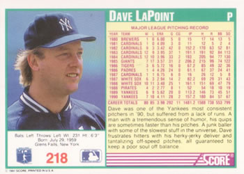 Dave LaPoint  baseball card collectible - Main Image 2