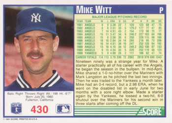 Mike Witt  baseball card collectible - Main Image 2