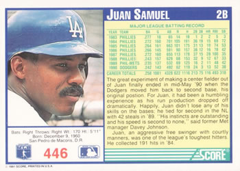 Juan Samuel  baseball card collectible - Main Image 2