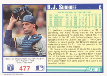 B.J. Surhoff  baseball card collectible - Main Image 2