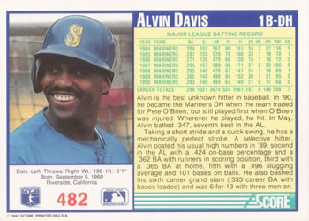 Alvin Davis  baseball card collectible - Main Image 2