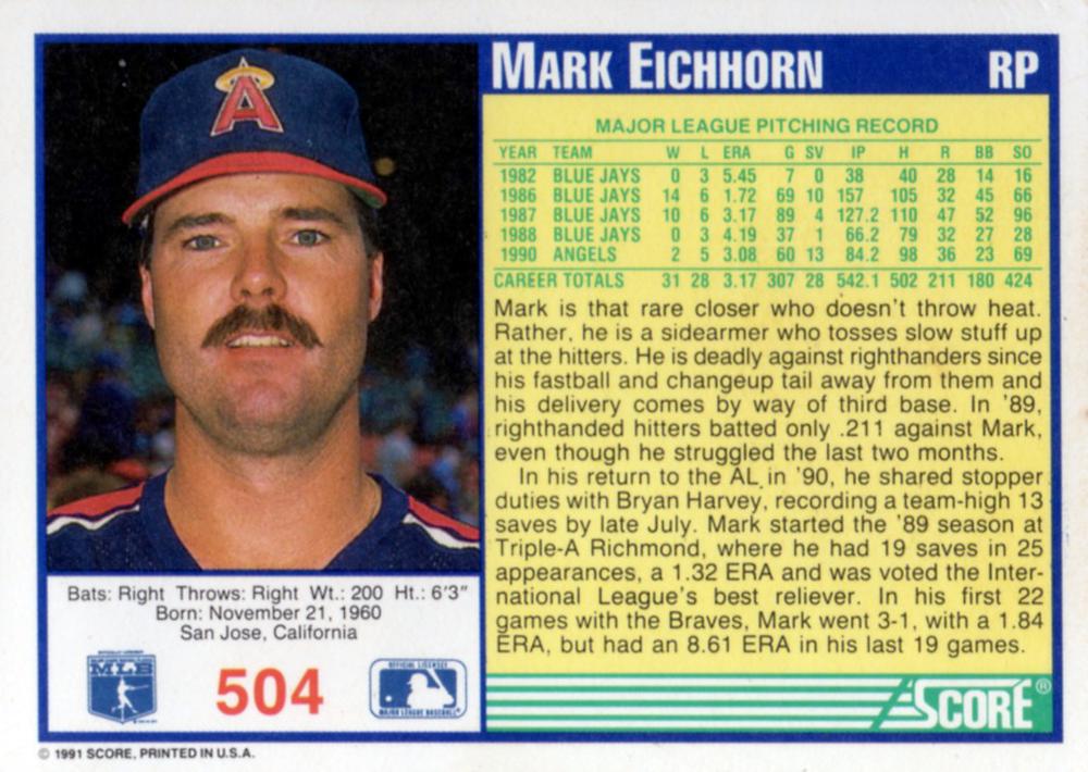 Mark Eichhorn  baseball card collectible - Main Image 2