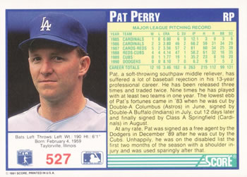 Pat Perry  baseball card collectible - Main Image 2