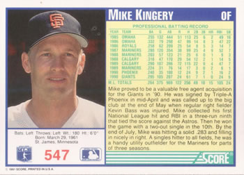 Mike Kingery  baseball card collectible - Main Image 2