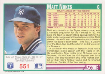 Matt Nokes  baseball card collectible - Main Image 2