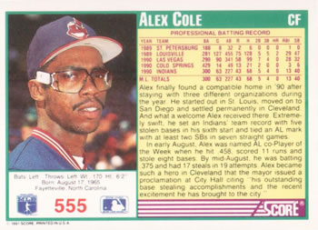 Alex Cole  baseball card collectible - Main Image 2